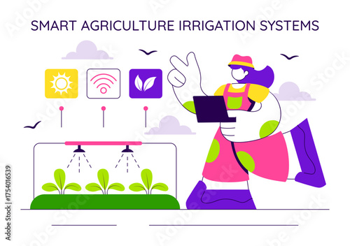 Smart Agriculture Irrigation Systems Illustration Featuring Plant Growth and Vertical Farming with Hydroponics and Plant Monitoring via Mobile App