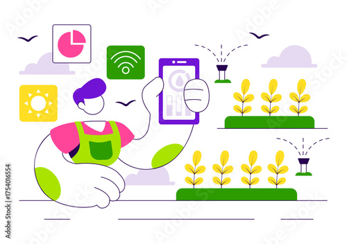 Smart Agriculture Irrigation Systems Illustration Featuring Plant Growth and Vertical Farming with Hydroponics and Plant Monitoring via Mobile App