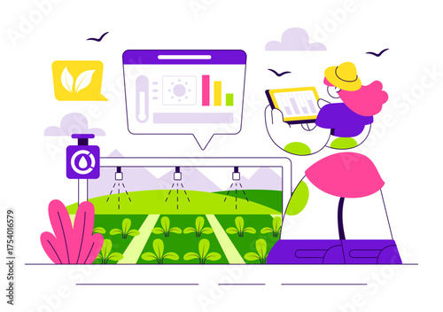 Smart Agriculture Irrigation Systems Illustration Featuring Plant Growth and Vertical Farming with Hydroponics and Plant Monitoring via Mobile App