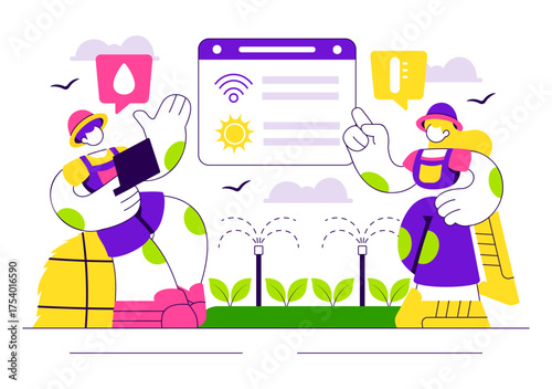 Smart Agriculture Irrigation Systems Illustration Featuring Plant Growth and Vertical Farming with Hydroponics and Plant Monitoring via Mobile App