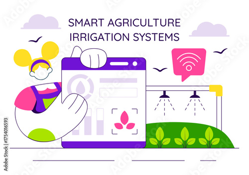 Smart Agriculture Irrigation Systems Illustration Featuring Plant Growth and Vertical Farming with Hydroponics and Plant Monitoring via Mobile App