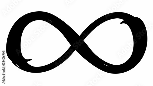 An infinity symbol painted with thick black brush strokes on a plain white background in a simple design