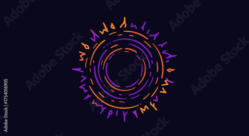 Abstract digital graphic with purple and orange concentric rings, adorned by enigmatic symbols on a dark background, blending technology and ancient lore.