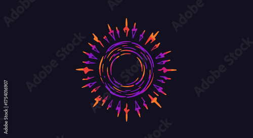 A vibrant abstract digital illustration featuring a stylized sun with radiating rays in striking purple and orange hues against a dark background, perfect for modern design projects.