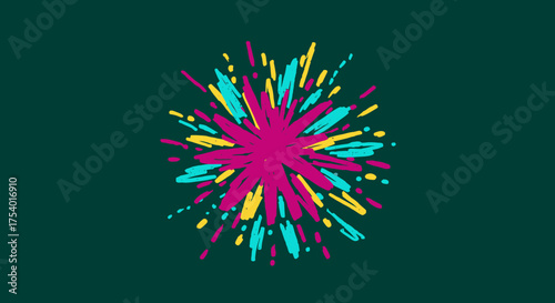 A dynamic and colorful abstract explosion of magenta, yellow, and cyan streaks radiates outwards on a dark background, symbolizing energy and celebration.