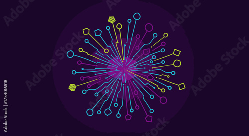 A vibrant digital network explosion illustrates the complex interconnectedness of modern data, technology, and communication systems, symbolizing innovation and growth.