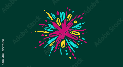 A dynamic hand-drawn burst of magenta, yellow, and teal colors explodes across a dark green background, symbolizing creativity and vibrant energy.