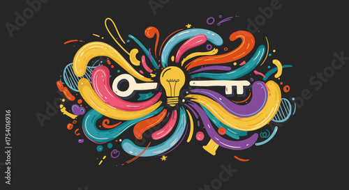 A vibrant illustration featuring a glowing lightbulb and keys amidst an explosion of colorful abstract shapes, symbolizing creative thought and innovative solutions.