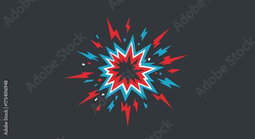 A striking abstract graphic burst design features vibrant red and blue lightning shapes expanding from a central point, conveying dynamic energy.