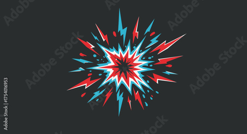 A dynamic and vibrant comic book style explosion with radiating red and blue lightning bolts creates an energetic pop art visual on a dark background.