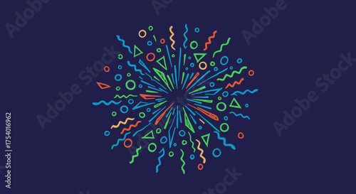 An energetic abstract illustration depicting a lively burst of colorful geometric shapes and dynamic lines, perfect for festive and celebratory designs.
