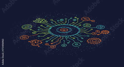 Vibrant circuit board design featuring a central core linked to diverse digital elements, symbolizing advanced technology and interconnected systems.