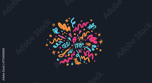 A vibrant explosion of colorful hand-drawn abstract shapes and squiggles on a dark background, perfect for celebrating joy and creativity.