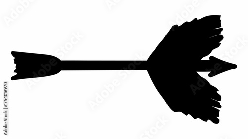 A black silhouette of an arrow with a feathered tail and arrowhead pointing to the right on a white background