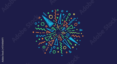 A vibrant, abstract explosion of colorful geometric shapes and lines radiates outward on a deep blue background, symbolizing energy and celebration.