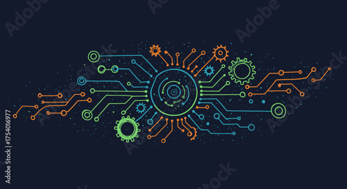 An intricate digital circuit board illustration featuring interconnected lines and gears, symbolizing data flow and technological advancement on a dark background.