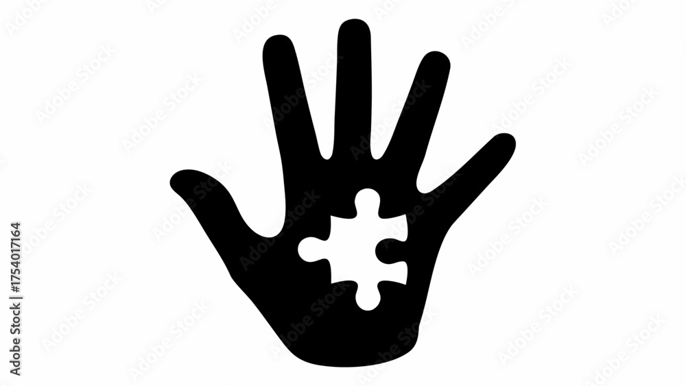 Fototapeta premium Black hand silhouette with a white puzzle piece cutout in the palm against a white background design here
