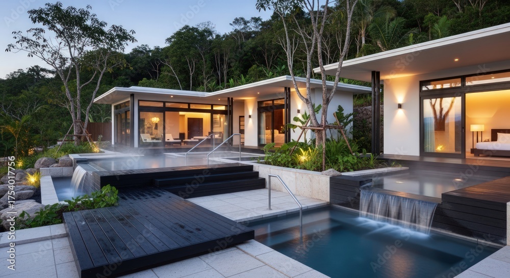 Fototapeta premium Modern luxury home with pool and outdoor living area at dusk