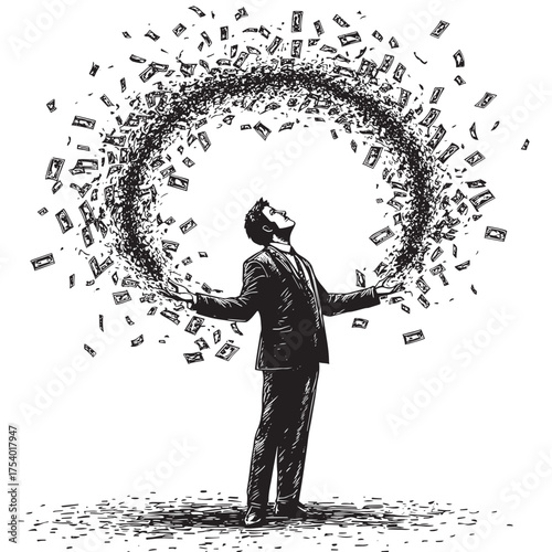 businessman with large magnet attract money cash, wealth and financial success sketch engraving generative ai fictional character vector illustration