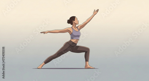 A woman in a warrior two yoga pose with her arms extended and legs bent, demonstrating balance, strength, and focus for a healthy lifestyle
