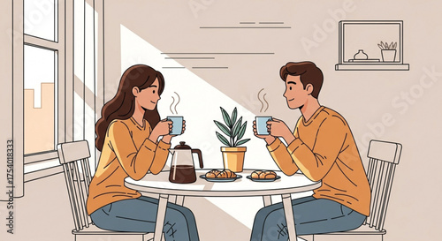 A couple is sitting at a table in a bright room, drinking coffee and eating pastries, enjoying a sunny day with each other