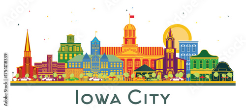 Iowa City Skyline with Color Buildings isolated on white. Illustration. Business Travel and Tourism Illustration with Historic Architecture. Iowa City Cityscape with Landmarks.