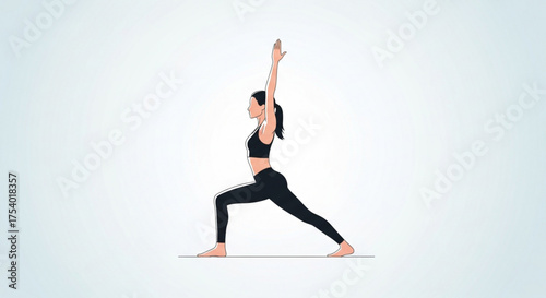 A woman in a warrior one yoga pose with her arms raised and legs bent, demonstrating balance, strength, and focus for a healthy lifestyle