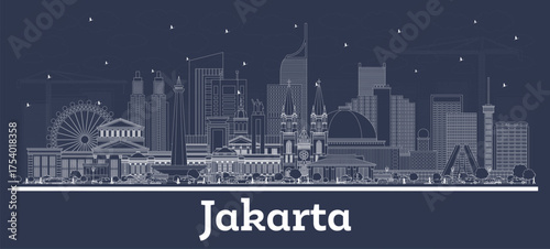 Outline Jakarta Indonesia City Skyline with white Buildings. Illustration. Business Travel and Tourism Concept with Historic and Modern Architecture. Jakarta Cityscape with Landmarks.