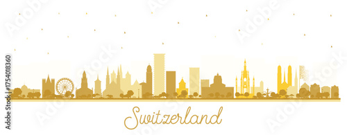 Switzerland City Skyline silhouette with golden buildings isolated on white. Illustration. Modern and Historic Architecture. Switzerland Cityscape with Landmarks. Bern. Basel. Lugano. Zurich.