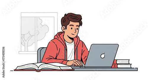 A young man is studying at his desk with a laptop and books, he is wearing a red hoodie and smiling slightly