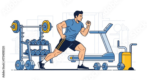 A muscular man is running on a treadmill in a gym, he is wearing a blue shirt and black shorts