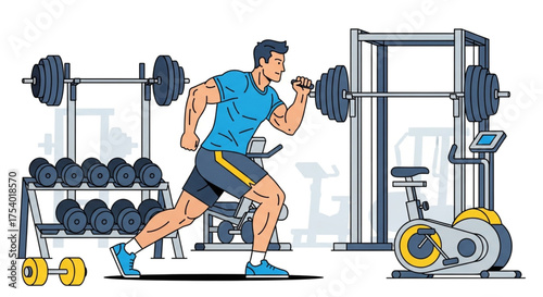 A muscular man is running in a gym with weightlifting equipment, he is wearing a blue shirt and shorts