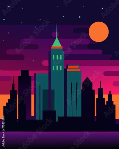 Digital Painting of Glowing City Skyline at Night Background