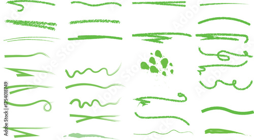 Several green grungy lines and shapes create an artistic set over a transparent background