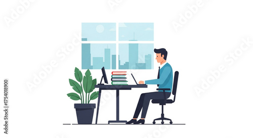 Man working on laptop he is sitting at his desk with a plant, books, and a cityscape visible through the window