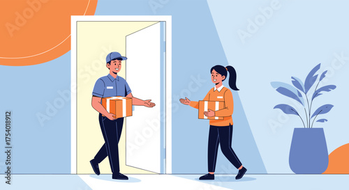 A courier delivers packages to a smiling woman at her doorstep.