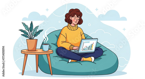A woman is sitting in a beanbag chair with a laptop on her lap, working from home, with a plant and a cup of coffee on a table nearby