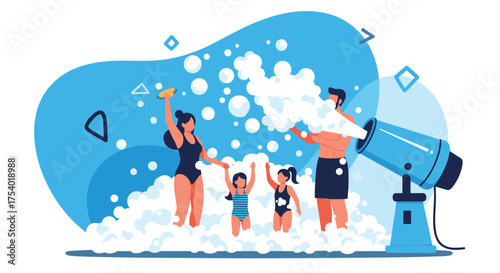 A happy family enjoys a refreshing foam party on a sunny summer day.