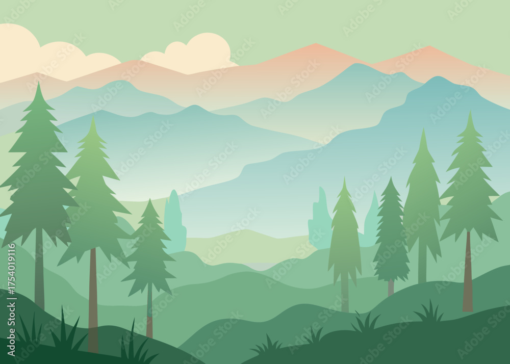 Fototapeta premium Watercolor Forest Morning Mist Painting Background