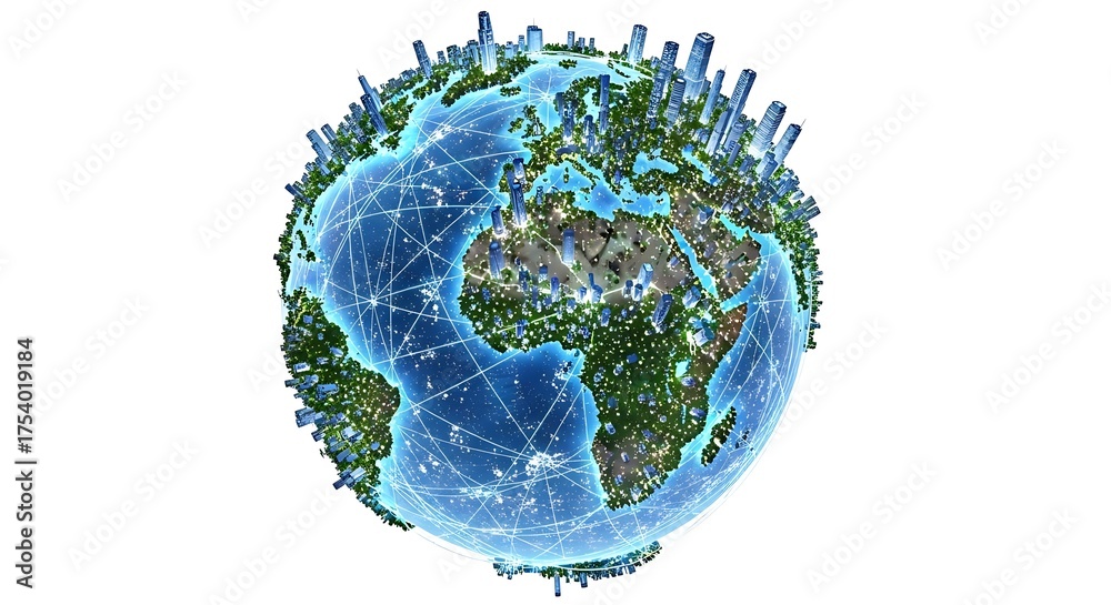 Fototapeta premium Blue earth globe with city buildings isolated on white background