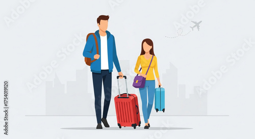 A couple is walking with their luggage at the airport, they are going on vacation and excited about the trip