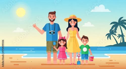 A happy family enjoying a summer vacation on the beach, with the sun shining brightly in the sky, creating a warm and cheerful atmosphere on the shore