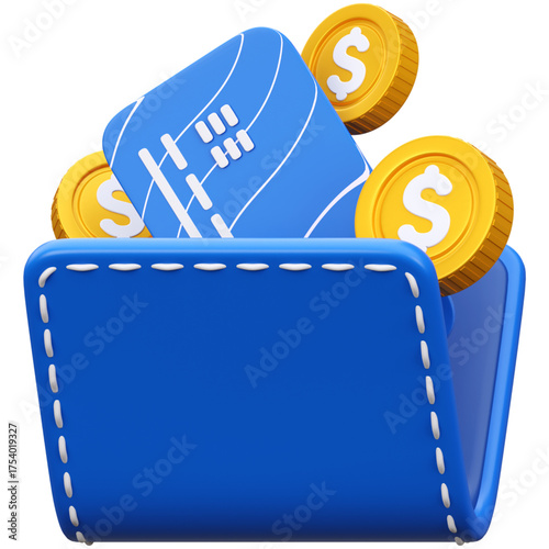 Blue wallet icon with an emerging credit card and shiny gold dollar coins. A 3D concept for online shopping, investment, and financial management