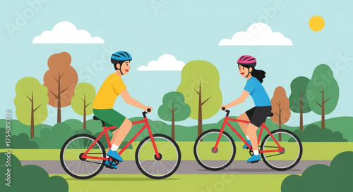 A couple riding bicycles in a park on a sunny day, enjoying the fresh air and beautiful scenery, creating a sense of freedom and adventure