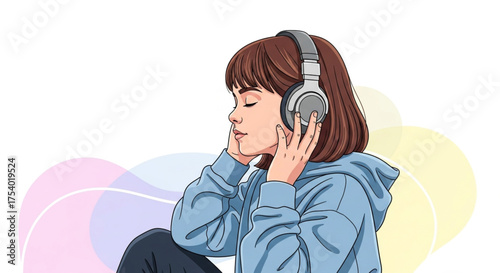 A serene girl with brown hair is immersed in music, eyes closed, wearing headphones and a blue hoodie