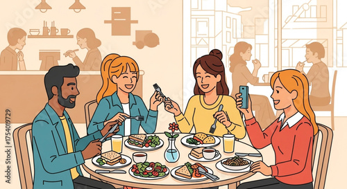 A group of friends are sitting around a table in a restaurant, eating, drinking, and taking pictures of their food with their phones