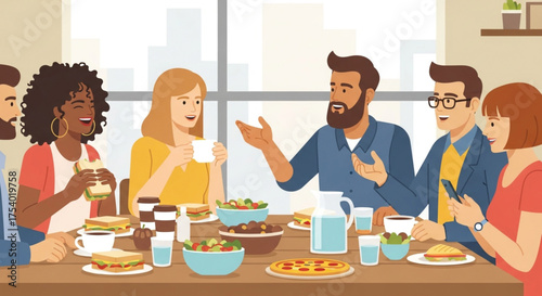 A group of colleagues are sitting around a table in a modern office, eating lunch, drinking coffee, and chatting during their break