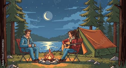 A couple enjoys a peaceful camping trip by the lake under the moonlight, sharing stories and music around a warm campfire in the wilderness