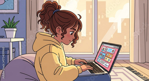 A young woman with curly hair is sitting in a chair by the window, working on her laptop and browsing social media while relaxing at home