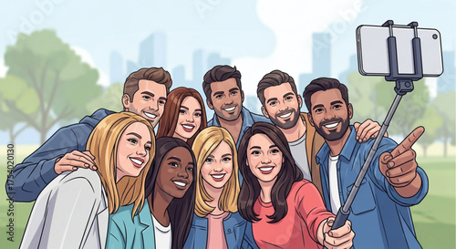 A group of diverse friends are taking a selfie with a smartphone on a selfie stick in a park with buildings in the background on a sunny day